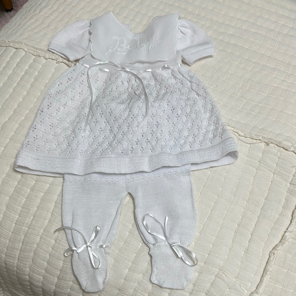 Charlie White Baby Outfit with Knit Details with headband. And blanket say baby